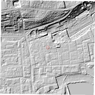 Shaded relief map of the ground around RG45BW, computed from Environment Agency LiDAR. The ground here sits at about 38 m above sea level and falls 20 m across the surrounding 800 m. Surface water reaching this point runs off ground lying to the north-north-east, 0.7 m higher.