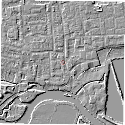 Shaded relief map of the ground around RG45BX, computed from Environment Agency LiDAR. The ground here sits at about 37 m above sea level and falls 4 m across the surrounding 800 m. Surface water reaching this point runs off ground lying to the west-north-west, 2.0 m higher.
