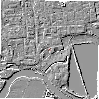Shaded relief map of the ground around RG45BY, computed from Environment Agency LiDAR. The ground here sits at about 37 m above sea level and falls 4 m across the surrounding 800 m. Surface water reaching this point runs off ground lying to the north-north-east, 1.3 m higher.