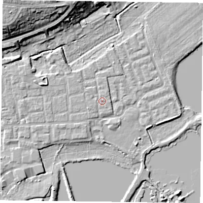 Shaded relief map of the ground around RG45BZ, computed from Environment Agency LiDAR. The ground here sits at about 37 m above sea level and falls 16 m across the surrounding 800 m. The ground contributing surface water to this point lies to the north-east.