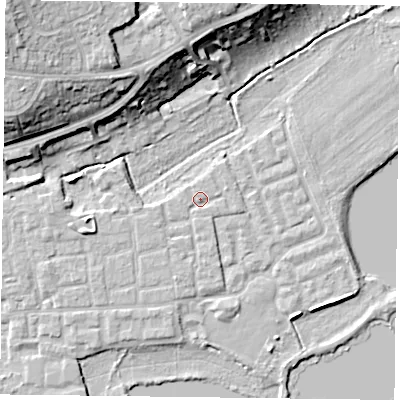 Shaded relief map of the ground around RG45DA, computed from Environment Agency LiDAR. The ground here sits at about 37 m above sea level and falls 19 m across the surrounding 800 m. Surface water reaching this point runs off ground lying to the west-south-west, 1.0 m higher.