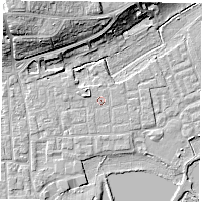 Shaded relief map of the ground around RG45DB, computed from Environment Agency LiDAR. The ground here sits at about 37 m above sea level and falls 19 m across the surrounding 800 m. Surface water reaching this point runs off ground lying to the west-north-west, 2.0 m higher.