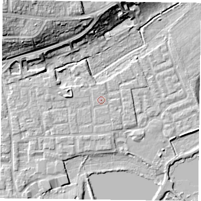 Shaded relief map of the ground around RG45DD, computed from Environment Agency LiDAR. The ground here sits at about 37 m above sea level and falls 19 m across the surrounding 800 m. The ground contributing surface water to this point lies to the north-north-west.