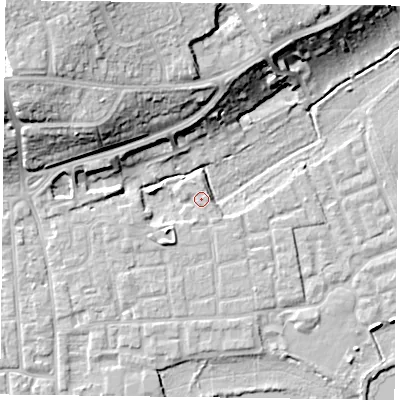 Shaded relief map of the ground around RG45DE, computed from Environment Agency LiDAR. The ground here sits at about 37 m above sea level and falls 19 m across the surrounding 800 m. Surface water reaching this point runs off ground lying to the north-north-west, 1.4 m higher.