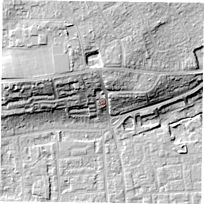 Shaded relief map of the ground around RG45DG, computed from Environment Agency LiDAR. The ground here sits at about 44 m above sea level and falls 21 m across the surrounding 800 m. Surface water reaching this point runs off ground lying to the north-north-west, 14.0 m higher.