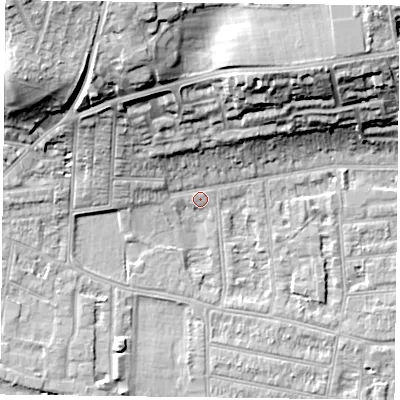 Shaded relief map of the ground around RG45DQ, computed from Environment Agency LiDAR. The ground here sits at about 38 m above sea level and falls 22 m across the surrounding 800 m. Surface water reaching this point runs off ground lying to the north-north-west, 17.3 m higher.