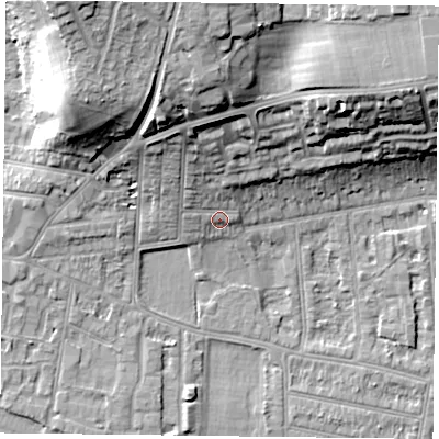 Shaded relief map of the ground around RG45ED, computed from Environment Agency LiDAR. The ground here sits at about 40 m above sea level and falls 23 m across the surrounding 800 m. Surface water reaching this point runs off ground lying to the north, 15.3 m higher.