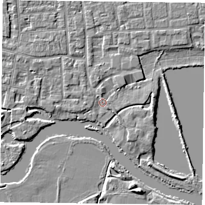 Shaded relief map of the ground around RG45JX, computed from Environment Agency LiDAR. The ground here sits at about 37 m above sea level and falls 6 m across the surrounding 800 m. Surface water reaching this point runs off ground lying to the east-south-east, 1.5 m higher.