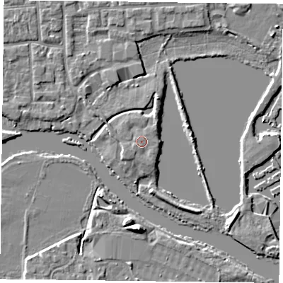 Shaded relief map of the ground around RG45JZ, computed from Environment Agency LiDAR. The ground here sits at about 37 m above sea level and falls 7 m across the surrounding 800 m. Surface water reaching this point runs off ground lying to the south-south-west, 0.9 m higher.