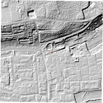 Shaded relief map of the ground around RG45LB, computed from Environment Agency LiDAR. The ground here sits at about 38 m above sea level and falls 21 m across the surrounding 800 m. Surface water reaching this point runs off ground lying to the north-east, 5.9 m higher.