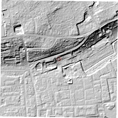 Shaded relief map of the ground around RG45LE, computed from Environment Agency LiDAR. The ground here sits at about 39 m above sea level and falls 21 m across the surrounding 800 m. Surface water reaching this point runs off ground lying to the north, 5.1 m higher.