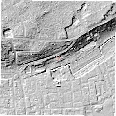 Shaded relief map of the ground around RG45LG, computed from Environment Agency LiDAR. The ground here sits at about 39 m above sea level and falls 20 m across the surrounding 800 m. Surface water reaching this point runs off ground lying to the north, 4.4 m higher.