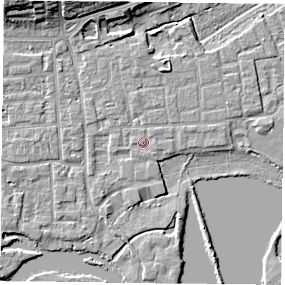 Shaded relief map of the ground around RG45LQ, computed from Environment Agency LiDAR. The ground here sits at about 37 m above sea level and falls 11 m across the surrounding 800 m. Surface water reaching this point runs off ground lying to the west-south-west, 0.7 m higher.
