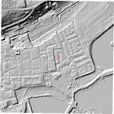 Shaded relief map of the ground around RG45LR, computed from Environment Agency LiDAR. The ground here sits at about 37 m above sea level and falls 16 m across the surrounding 800 m. Surface water reaching this point runs off ground lying to the south-south-west, 1.3 m higher.