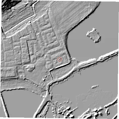 Shaded relief map of the ground around RG45LS, computed from Environment Agency LiDAR. The ground here sits at about 37 m above sea level and falls 12 m across the surrounding 800 m. Surface water reaching this point runs off ground lying to the south, 1.9 m higher.
