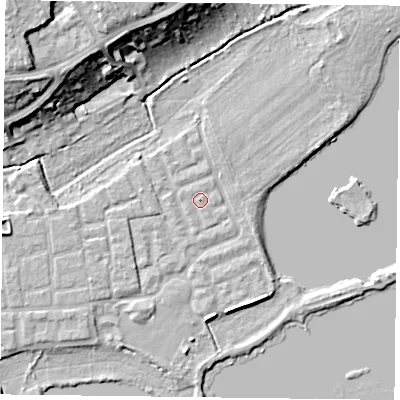 Shaded relief map of the ground around RG45LT, computed from Environment Agency LiDAR. The ground here sits at about 37 m above sea level and falls 16 m across the surrounding 800 m. Surface water reaching this point runs off ground lying to the south, 0.8 m higher.