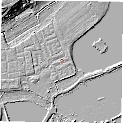 Shaded relief map of the ground around RG45LU, computed from Environment Agency LiDAR. The ground here sits at about 37 m above sea level and falls 14 m across the surrounding 800 m. Surface water reaching this point runs off ground lying to the north-north-west, 1.1 m higher.