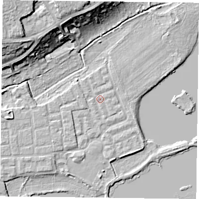 Shaded relief map of the ground around RG45LX, computed from Environment Agency LiDAR. The ground here sits at about 37 m above sea level and falls 16 m across the surrounding 800 m. Surface water reaching this point runs off ground lying to the north-north-west, 0.9 m higher.