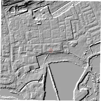 Shaded relief map of the ground around RG45LY, computed from Environment Agency LiDAR. The ground here sits at about 37 m above sea level and falls 9 m across the surrounding 800 m. Surface water reaching this point runs off ground lying to the north-north-west, 0.8 m higher.