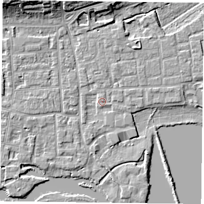 Shaded relief map of the ground around RG45LZ, computed from Environment Agency LiDAR. The ground here sits at about 37 m above sea level and falls 10 m across the surrounding 800 m. Surface water reaching this point runs off ground lying to the north-west, 9.4 m higher.