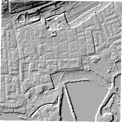 Shaded relief map of the ground around RG45NA, computed from Environment Agency LiDAR. The ground here sits at about 38 m above sea level and falls 14 m across the surrounding 800 m. Surface water reaching this point runs off ground lying to the north-north-west, 2.0 m higher.