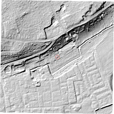 Shaded relief map of the ground around RG46AE, computed from Environment Agency LiDAR. The ground here sits at about 37 m above sea level and falls 20 m across the surrounding 800 m. Surface water reaching this point runs off ground lying to the north-west, 1.8 m higher.