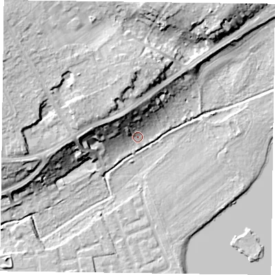 Shaded relief map of the ground around RG46LB, computed from Environment Agency LiDAR. The ground here sits at about 37 m above sea level and falls 18 m across the surrounding 800 m. Surface water reaching this point runs off ground lying to the north-north-west, 10.9 m higher.