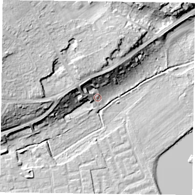 Shaded relief map of the ground around RG46LE, computed from Environment Agency LiDAR. The ground here sits at about 38 m above sea level and falls 19 m across the surrounding 800 m. Surface water reaching this point runs off ground lying to the north-north-west, 12.4 m higher.