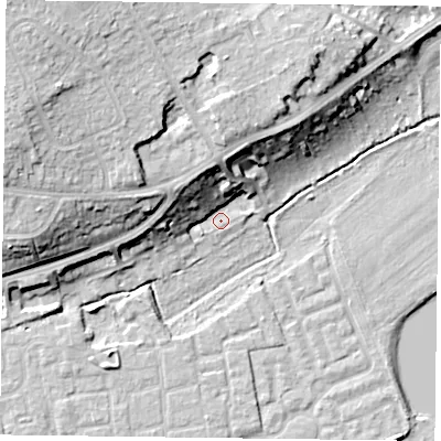 Shaded relief map of the ground around RG46LF, computed from Environment Agency LiDAR. The ground here sits at about 37 m above sea level and falls 20 m across the surrounding 800 m. Surface water reaching this point runs off ground lying to the north-north-west, 11.3 m higher.