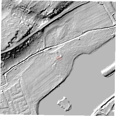 Shaded relief map of the ground around RG46LL, computed from Environment Agency LiDAR. The ground here sits at about 37 m above sea level and falls 15 m across the surrounding 800 m. Surface water reaching this point runs off ground lying to the east-north-east, 1.1 m higher.