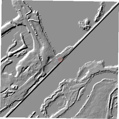 Shaded relief map of the ground around RG46LP, computed from Environment Agency LiDAR. The ground here sits at about 36 m above sea level and falls 5 m across the surrounding 800 m. Surface water reaching this point runs off ground lying to the west-south-west, 3.8 m higher.