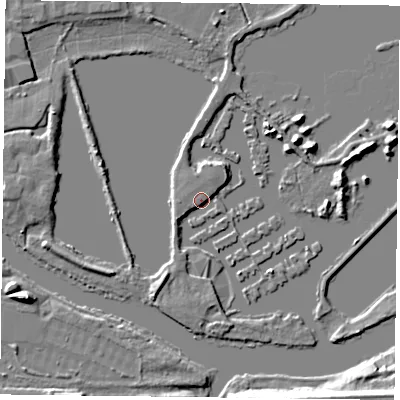 Shaded relief map of the ground around RG46LQ, computed from Environment Agency LiDAR. The ground here sits at about 37 m above sea level and falls 10 m across the surrounding 800 m. Surface water reaching this point runs off ground lying to the north-north-east, 2.2 m higher.