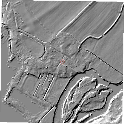 Shaded relief map of the ground around RG46TN, computed from Environment Agency LiDAR. The ground here sits at about 36 m above sea level and falls 8 m across the surrounding 800 m. Surface water reaching this point runs off ground lying to the west-south-west, 1.4 m higher.