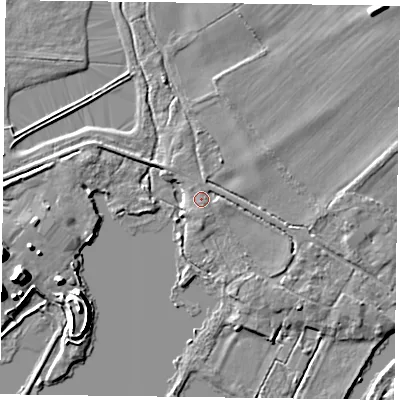 Shaded relief map of the ground around RG46TP, computed from Environment Agency LiDAR. The ground here sits at about 36 m above sea level and falls 9 m across the surrounding 800 m. Surface water reaching this point runs off ground lying to the south-south-east, 1.2 m higher.