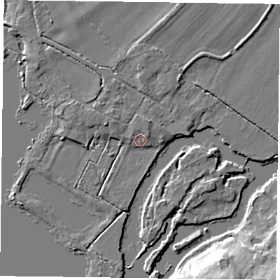 Shaded relief map of the ground around RG46TR, computed from Environment Agency LiDAR. The ground here sits at about 36 m above sea level and falls 14 m across the surrounding 800 m. Surface water reaching this point runs off ground lying to the north-east, 2.1 m higher.