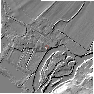 Shaded relief map of the ground around RG46TS, computed from Environment Agency LiDAR. The ground here sits at about 36 m above sea level and falls 13 m across the surrounding 800 m. Surface water reaching this point runs off ground lying to the west, 1.1 m higher.