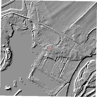 Shaded relief map of the ground around RG46TT, computed from Environment Agency LiDAR. The ground here sits at about 36 m above sea level and falls 9 m across the surrounding 800 m. Surface water reaching this point runs off ground lying to the south-west, 0.7 m higher.