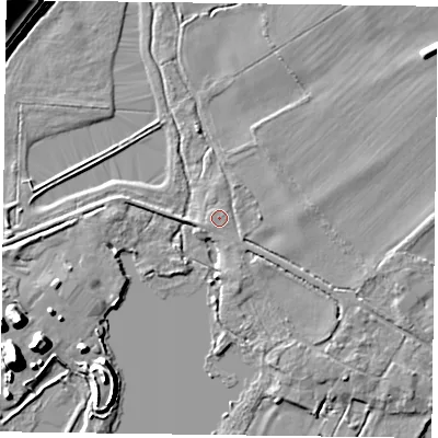 Shaded relief map of the ground around RG46TU, computed from Environment Agency LiDAR. The ground here sits at about 36 m above sea level and falls 13 m across the surrounding 800 m. The ground contributing surface water to this point lies to the north-east.