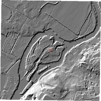 Shaded relief map of the ground around RG46TW, computed from Environment Agency LiDAR. The ground here sits at about 37 m above sea level and falls 21 m across the surrounding 800 m. Surface water reaching this point runs off ground lying to the north-north-east, 1.7 m higher.