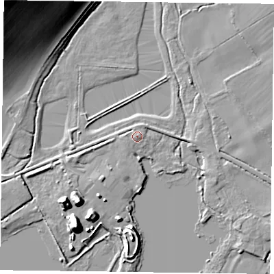 Shaded relief map of the ground around RG46TX, computed from Environment Agency LiDAR. The ground here sits at about 37 m above sea level and falls 32 m across the surrounding 800 m. Surface water reaching this point runs off ground lying to the west-south-west, 1.4 m higher.