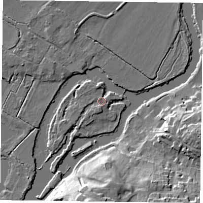 Shaded relief map of the ground around RG46TY, computed from Environment Agency LiDAR. The ground here sits at about 36 m above sea level and falls 21 m across the surrounding 800 m. Surface water reaching this point runs off ground lying to the south-south-west, 1.7 m higher.