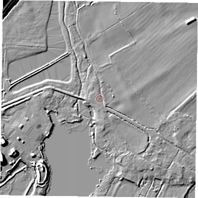 Shaded relief map of the ground around RG46TZ, computed from Environment Agency LiDAR. The ground here sits at about 36 m above sea level and falls 12 m across the surrounding 800 m. Surface water reaching this point runs off ground lying to the south-east, 0.8 m higher.