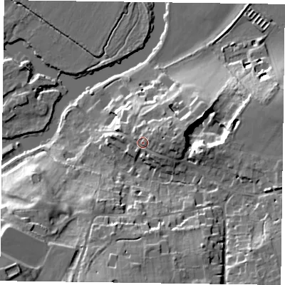 Shaded relief map of the ground around RG46UR, computed from Environment Agency LiDAR. The ground here sits at about 47 m above sea level and falls 24 m across the surrounding 800 m. Surface water reaching this point runs off ground lying to the east, 3.8 m higher.
