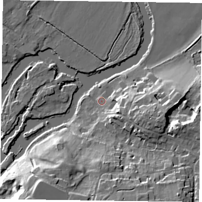 Shaded relief map of the ground around RG46UT, computed from Environment Agency LiDAR. The ground here sits at about 36 m above sea level and falls 23 m across the surrounding 800 m. Surface water reaching this point runs off ground lying to the east-south-east, 11.1 m higher.
