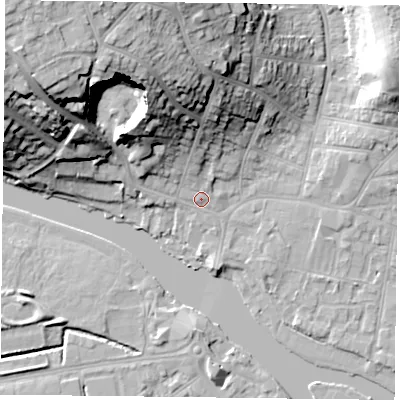 Shaded relief map of the ground around RG47AA, computed from Environment Agency LiDAR. The ground here sits at about 39 m above sea level and falls 33 m across the surrounding 800 m. Surface water reaching this point runs off ground lying to the north-west, 30.4 m higher.
