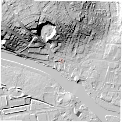 Shaded relief map of the ground around RG47AD, computed from Environment Agency LiDAR. The ground here sits at about 39 m above sea level and falls 34 m across the surrounding 800 m. Surface water reaching this point runs off ground lying to the north-north-west, 28.5 m higher.