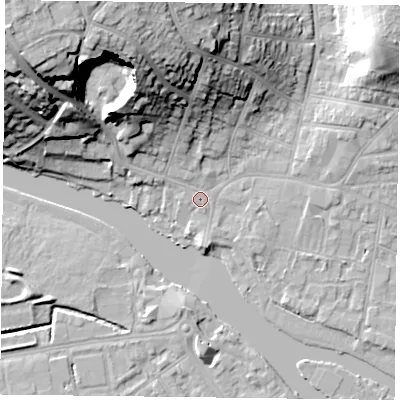 Shaded relief map of the ground around RG47AE, computed from Environment Agency LiDAR. The ground here sits at about 39 m above sea level and falls 32 m across the surrounding 800 m. Surface water reaching this point runs off ground lying to the north-west, 29.1 m higher.