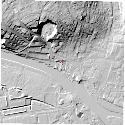 Shaded relief map of the ground around RG47AH, computed from Environment Agency LiDAR. The ground here sits at about 38 m above sea level and falls 33 m across the surrounding 800 m. Surface water reaching this point runs off ground lying to the north-west, 2.6 m higher.