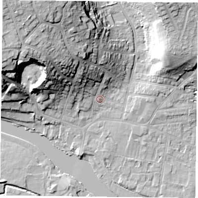Shaded relief map of the ground around RG47SE, computed from Environment Agency LiDAR. The ground here sits at about 40 m above sea level and falls 33 m across the surrounding 800 m. Surface water reaching this point runs off ground lying to the north-north-west, 14.7 m higher.