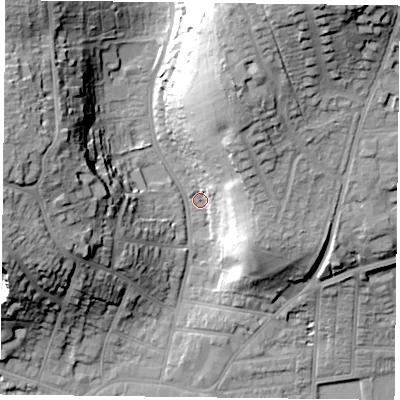 Shaded relief map of the ground around RG47SS, computed from Environment Agency LiDAR. The ground here sits at about 39 m above sea level and falls 34 m across the surrounding 800 m. Surface water reaching this point runs off ground lying to the north-north-east, 28.3 m higher.